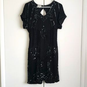 80s Vintage Silk Sequin Black Cocktail Dress Sz 12P